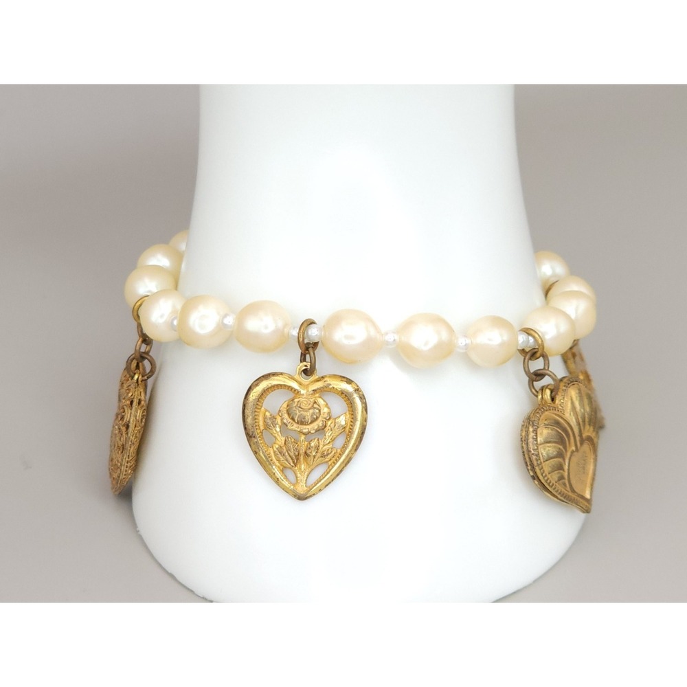 Signed Vtg‎ Miriam Haskell Faux Pearl Heart Charm Bracelet Gold Tone Filligree - Picture 15 of 15